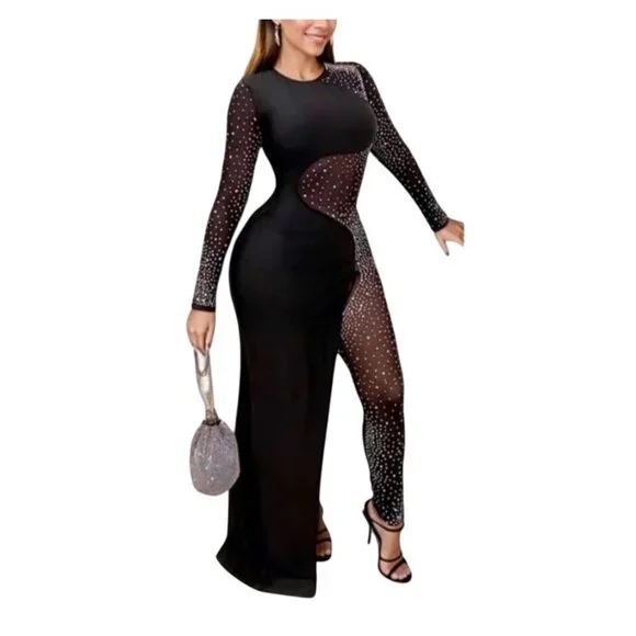 Banjul Black Long-Sleeve Rhinestone Embellished Evening Gown With Draped Design - Picture 2 of 6